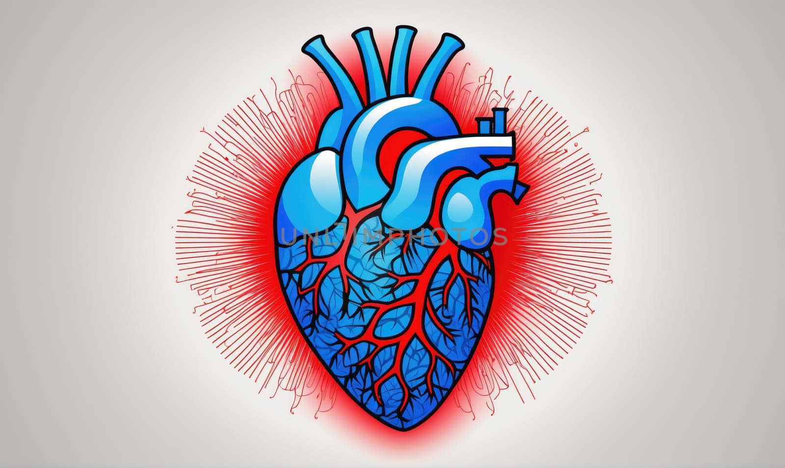 A stylized heart with blue coloring and red veins is set against a white background with a red burst of lines surrounding it.