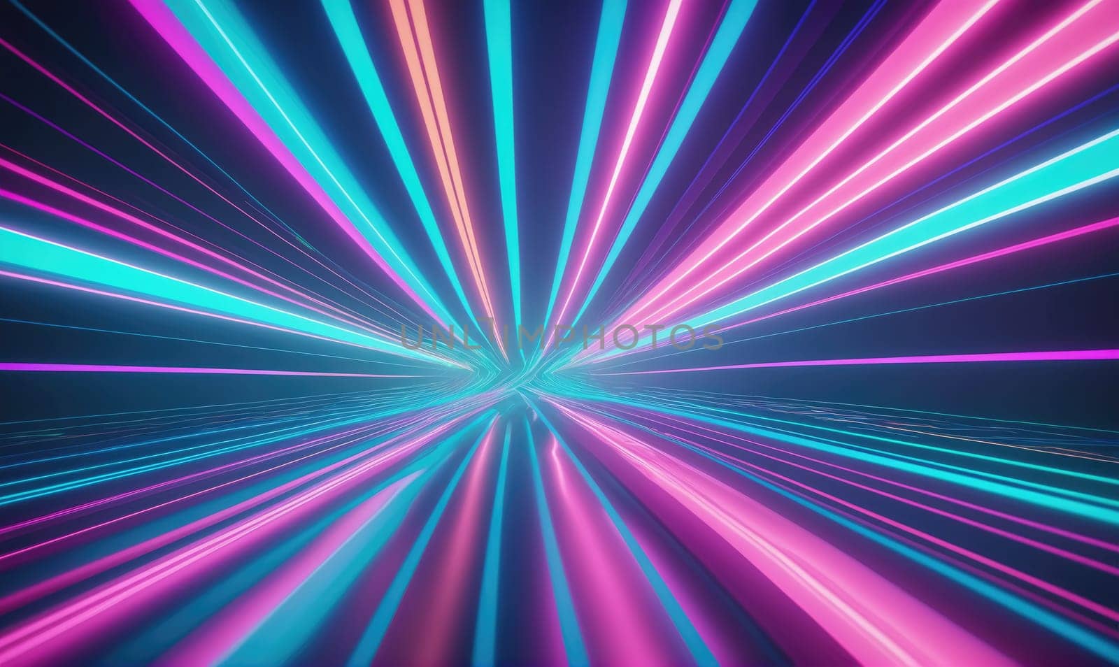 A digital art image featuring a series of straight, colorful neon lines that appear to converge towards a vanishing point in the distance