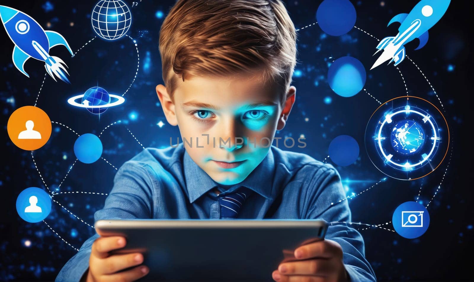A young boy in a blue shirt is sitting in front of a dark blue background. He is holding a tablet computer in his hands