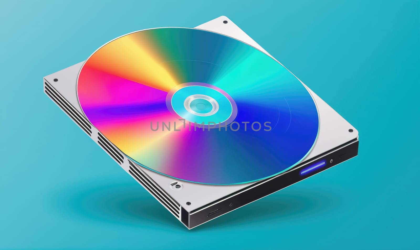 A colorful DVD is in a white drive that is slightly tilted. The background is a bright blue.