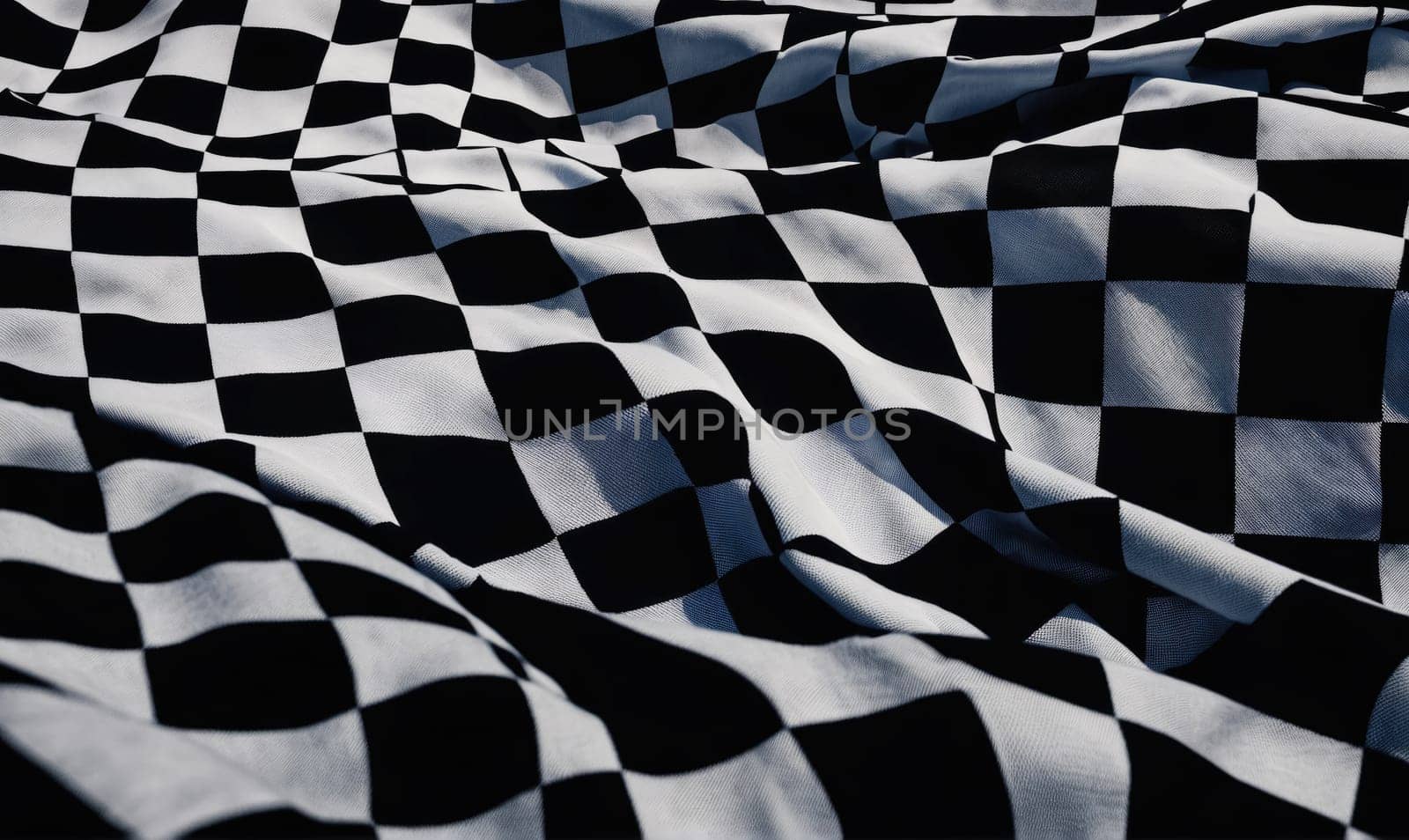 A close-up view of a black and white checkered flag lying flat in a bright, sunny area.