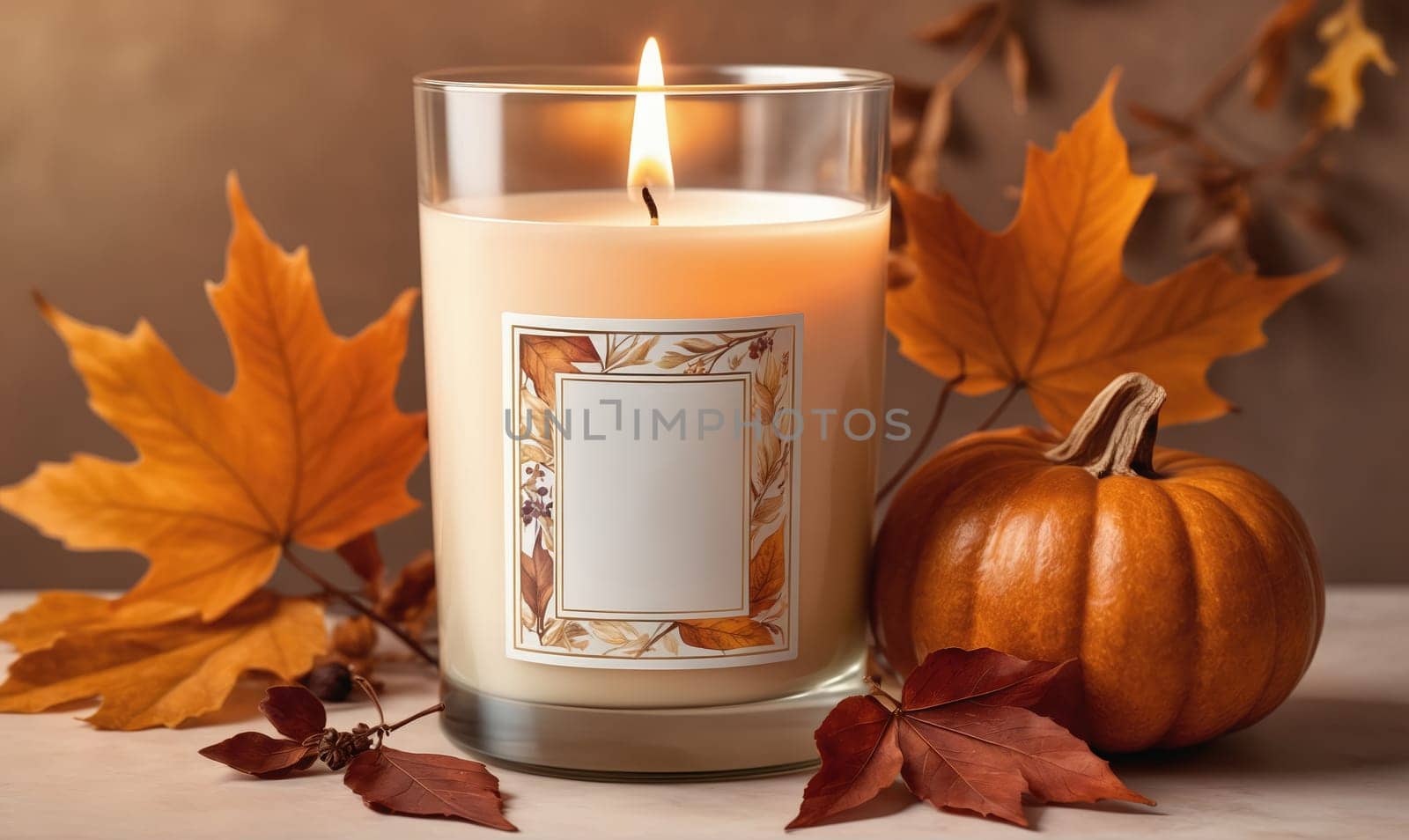 A glass candle jar with a white candle and an autumnal design label is burning. It is surrounded by fall leaves and a small orange pumpkin.
