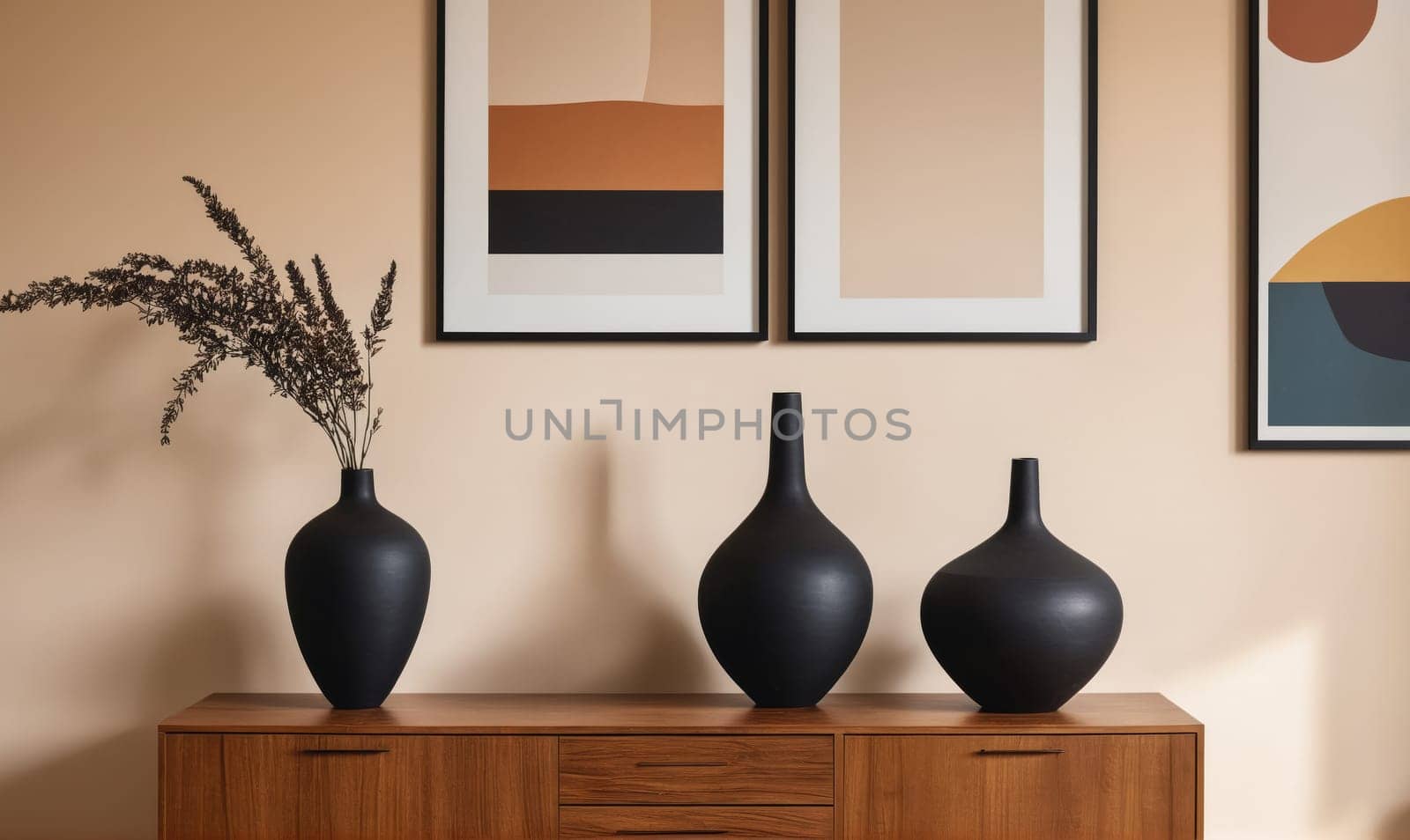 Three black, ceramic vases sit on a wooden dresser with a drawer in the foreground. There are two black framed pictures of abstract art hanging on the wall behind the dresser