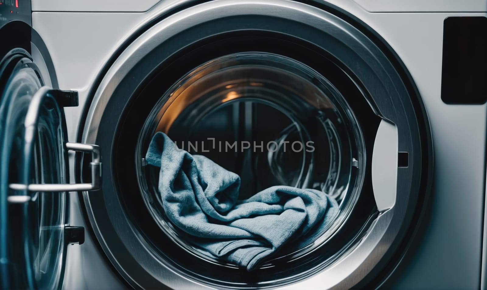 A close-up view of a silver washing machine with a blue towel inside the drum. The door is slightly ajar, revealing the interior of the machine. The timer display shows a number six.