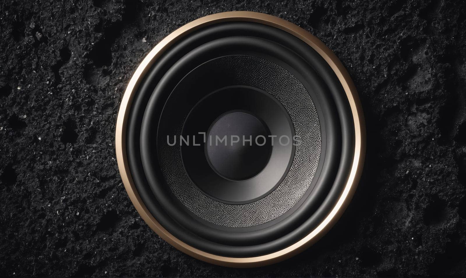 A black speaker driver with a gold rim rests on a textured black surface. The driver is positioned in the center of the image and is in focus.