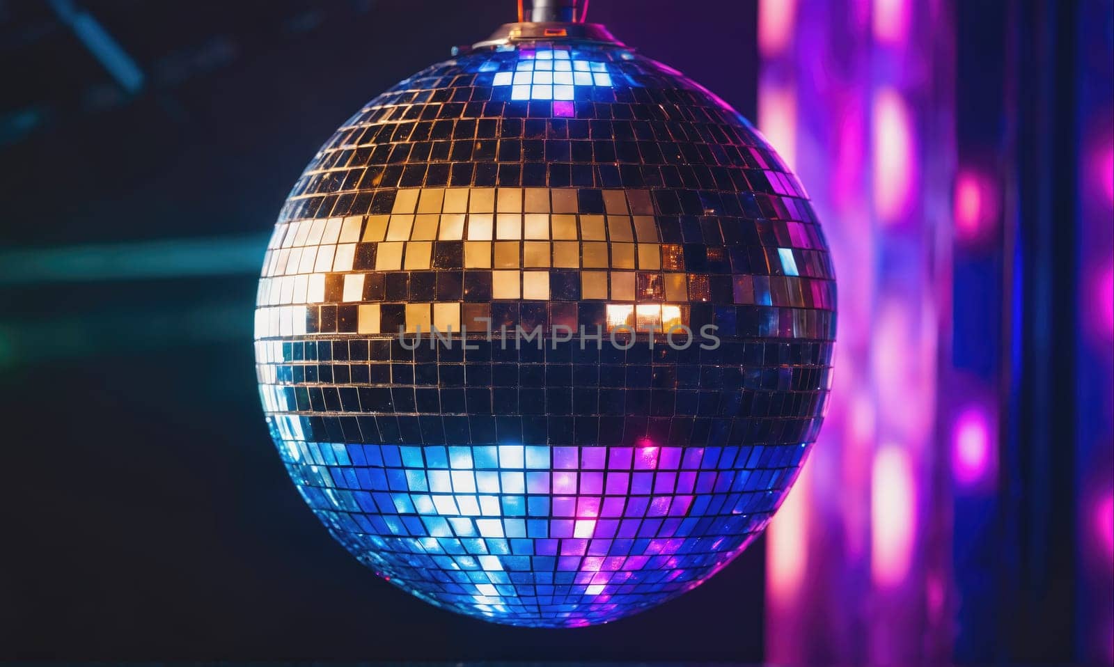 A disco ball hangs in a darkened room, illuminating the walls with a swirling pattern of purple and blue light.