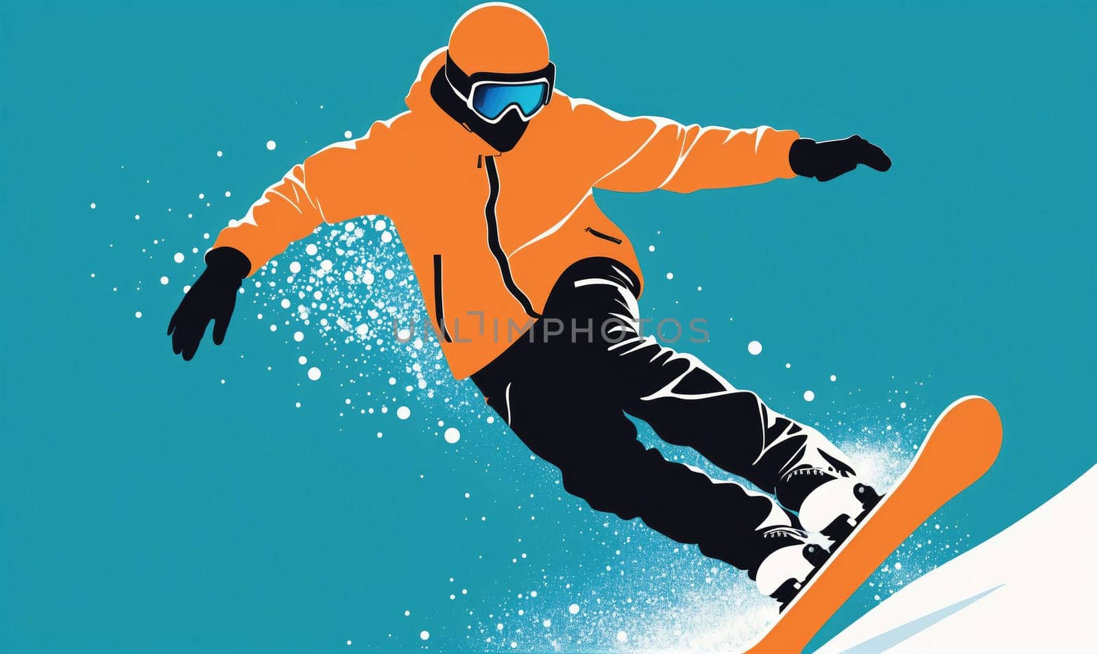 A snowboarder wearing an orange jacket and goggles is mid-air, carving down a snow-covered slope