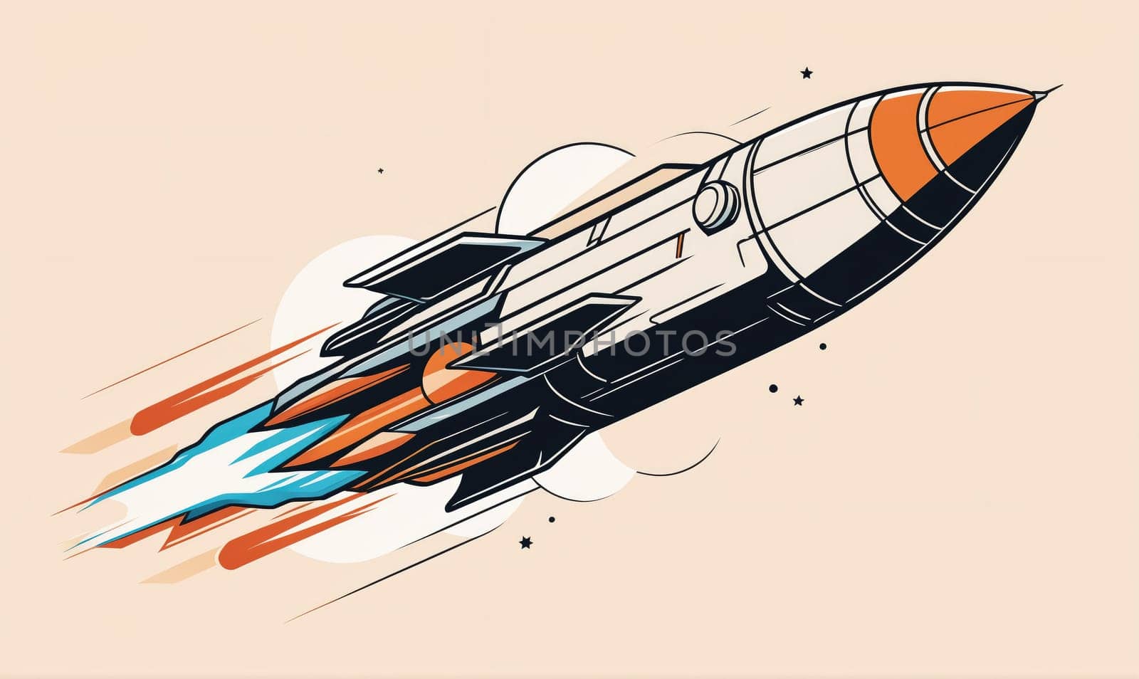 A white and orange rocket is flying through space, leaving behind a trail of bright blue and orange flames. The rocket has black wings and an orange and white top