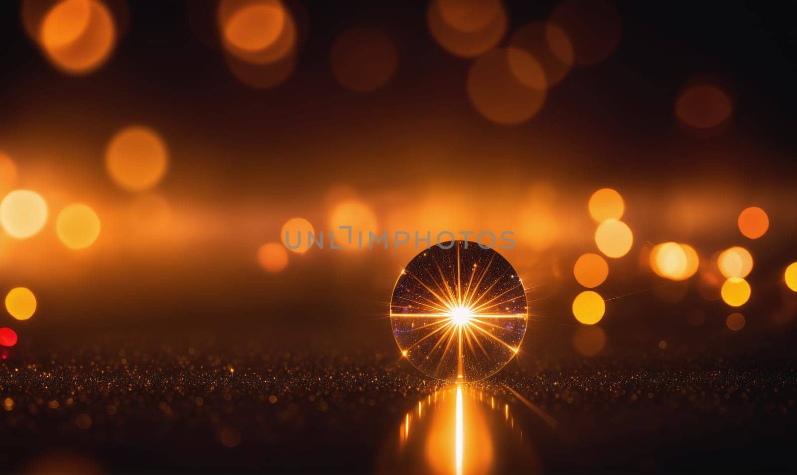 A glass sphere sits on a dark surface, reflecting a background of out-of-focus golden lights. The sphere creates a starburst effect, appearing as if the lights are radiating outward from its center.