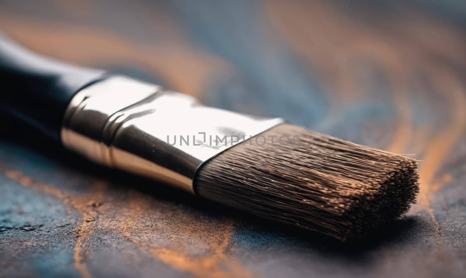 A close-up of a paintbrush lying on a dark surface. The bristles are brown and soft, and the metal ferrule is shiny.