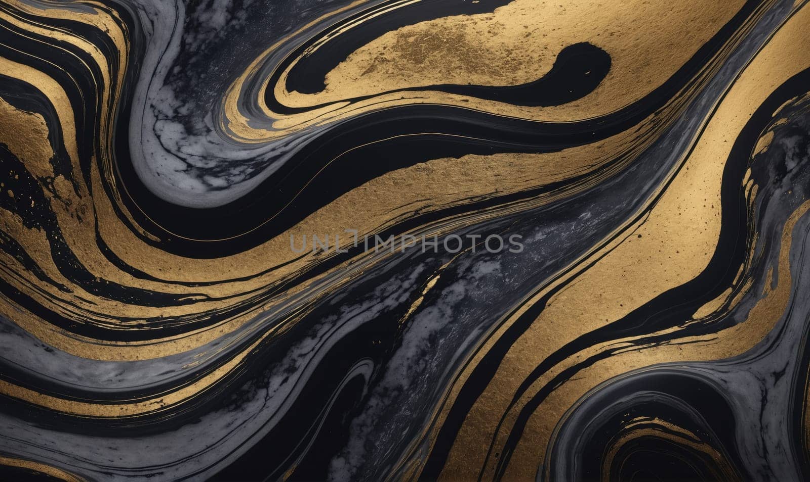 A close-up image of an abstract pattern formed by black and gold liquid marble swirls. The swirling lines create a dynamic and eye-catching effect, highlighting the depth and texture of the marble.