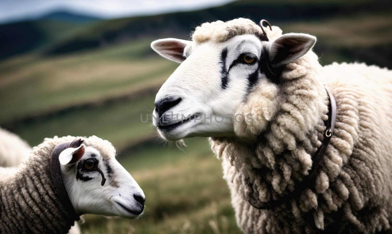 Two sheep, one with black markings around its eye, stand in a grassy field. The sheep in the foreground looks to the right, while the sheep in the background is looking to the left