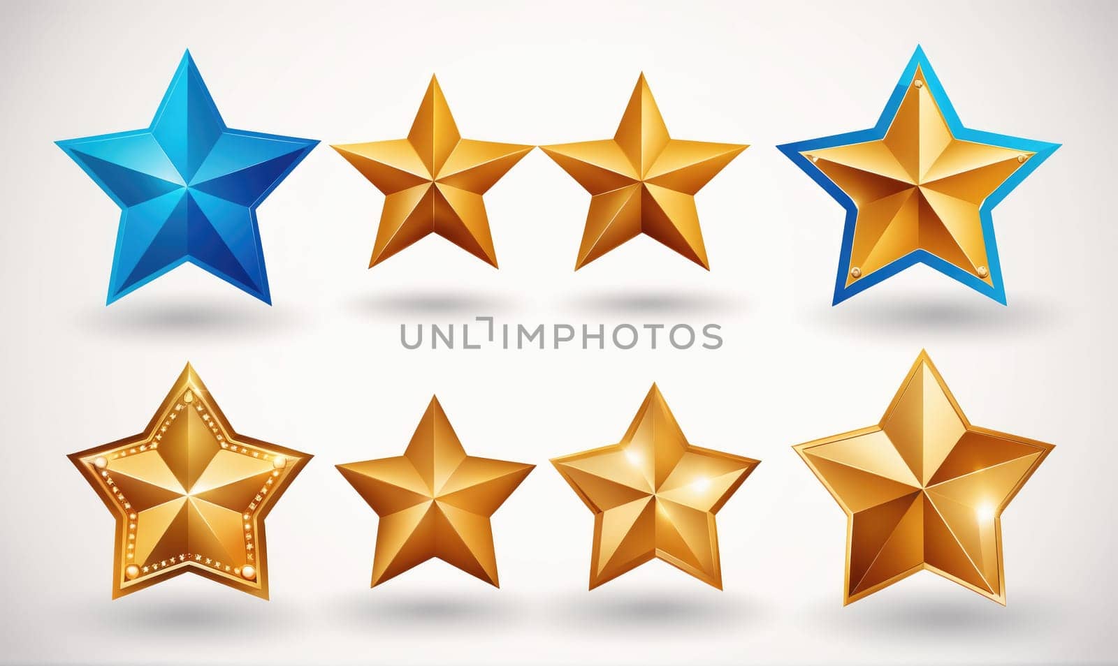A graphic with seven stars, one blue and six gold, arranged in two rows on a white background.