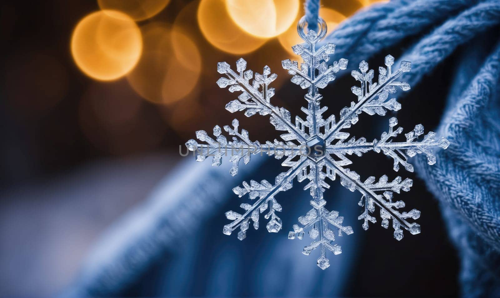 A close-up of a snowflake ornament with a delicate, crystalline structure, hanging from a blue fabric. The background features blurred golden lights.