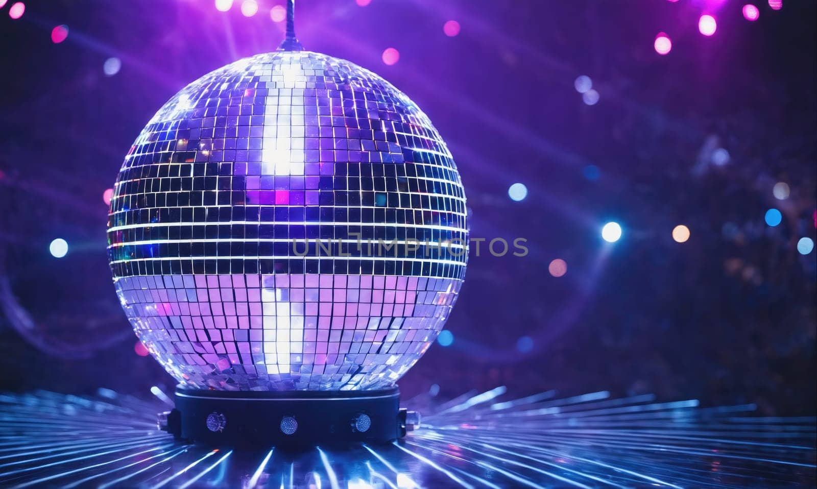A large disco ball sits on a platform and reflects the purple and blue lights in the room. Light streams from the ball in a wide array of patterns as the lights shine.