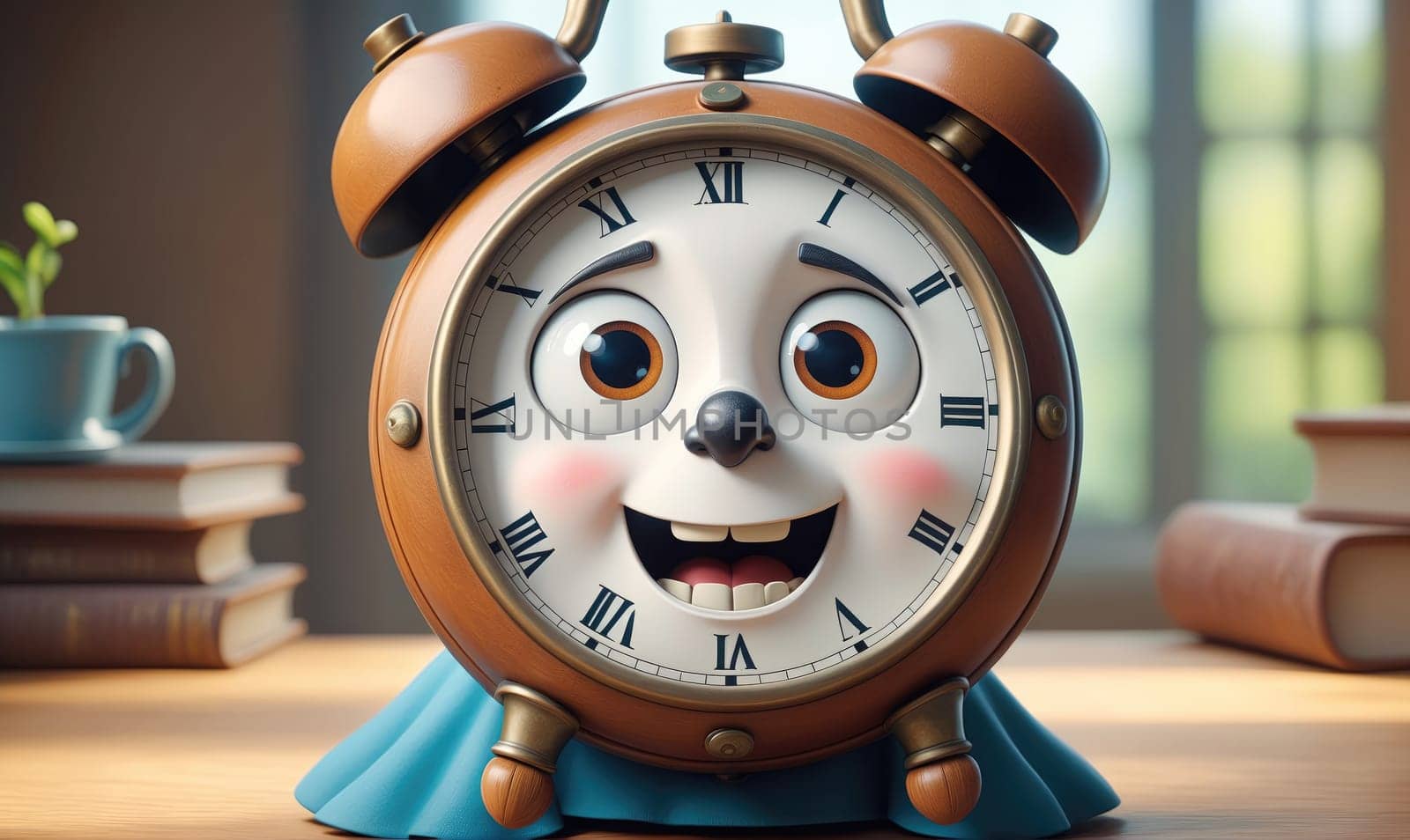 A brown alarm clock with a white face and a cartoon smile is on a wooden table. The clock's hands are not visible but the numbers on the face suggest it is ready to be set