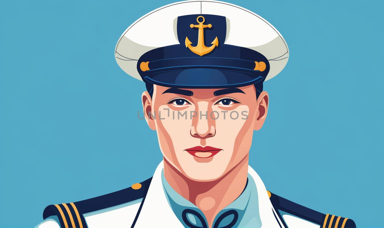 A man wearing a white uniform with a navy blue hat and gold trim is looking directly at the viewer. The hat has an anchor emblem on it. The background is a light blue.