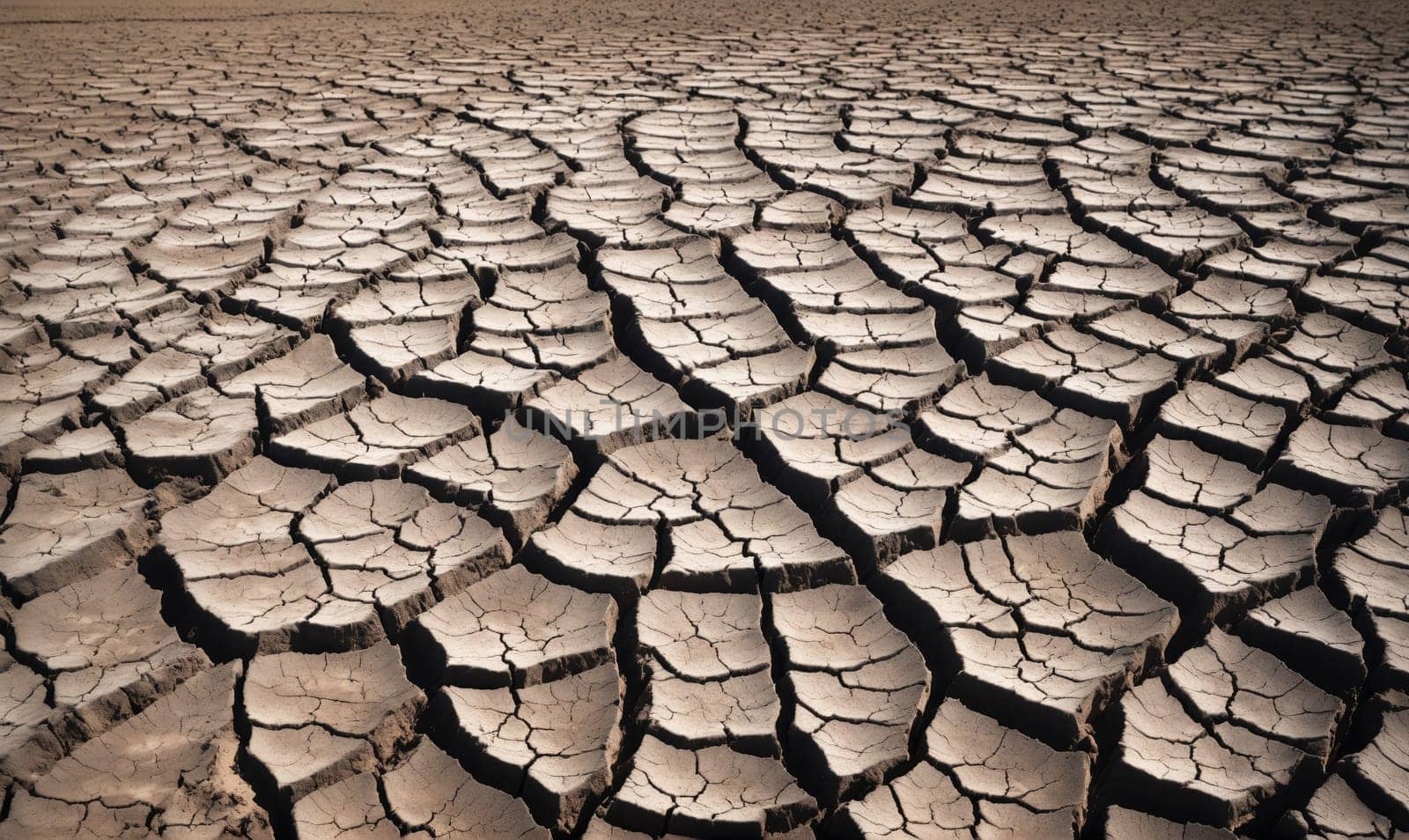 A close-up view of cracked, dry earth, typical of a desert environment. The ground is covered in a network of deep fissures, creating a pattern of polygons.
