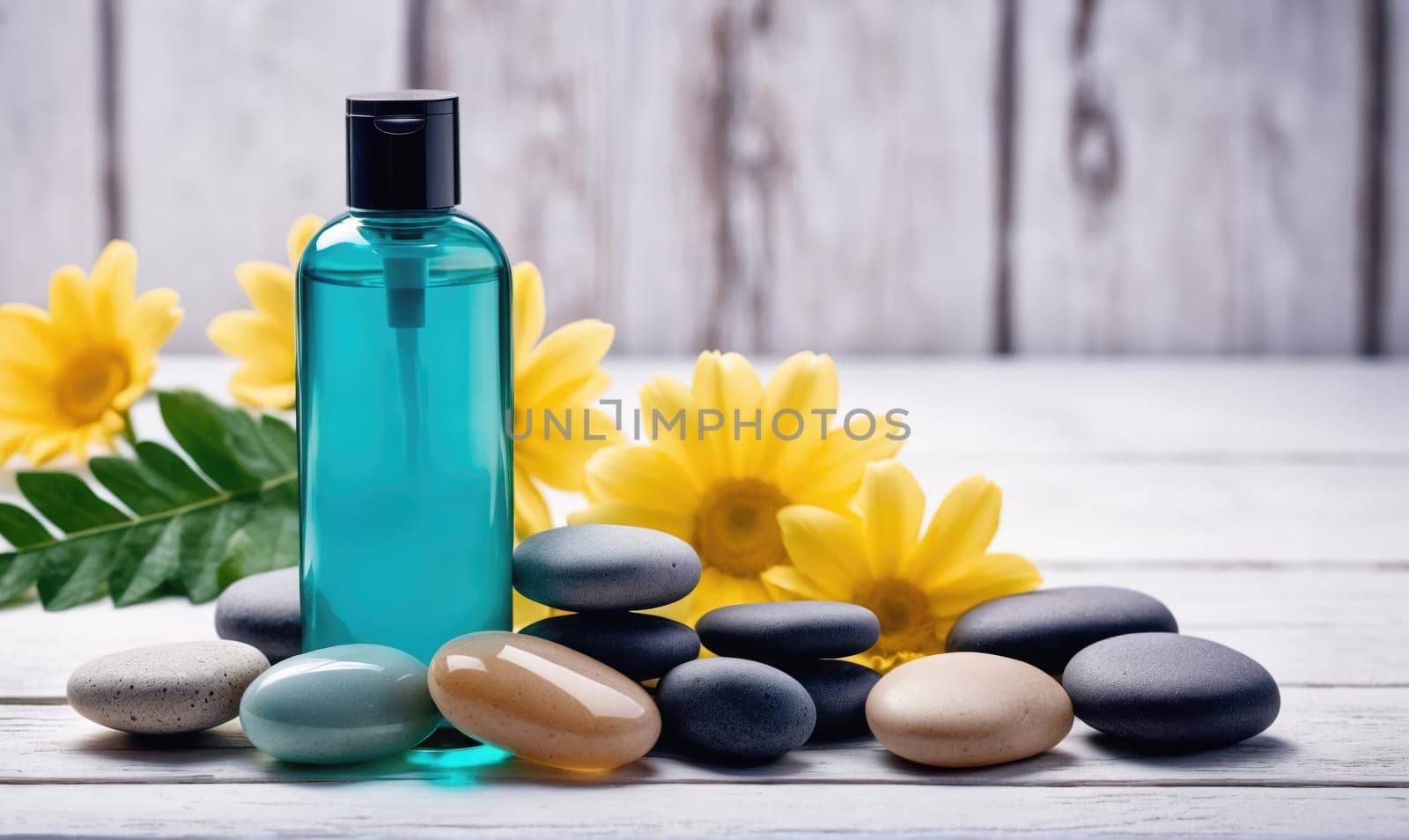 A blue glass bottle with a black cap and a clear pump rests on a white wooden table. Several smooth stones are arranged around the bottle, some stacked on top of each other
