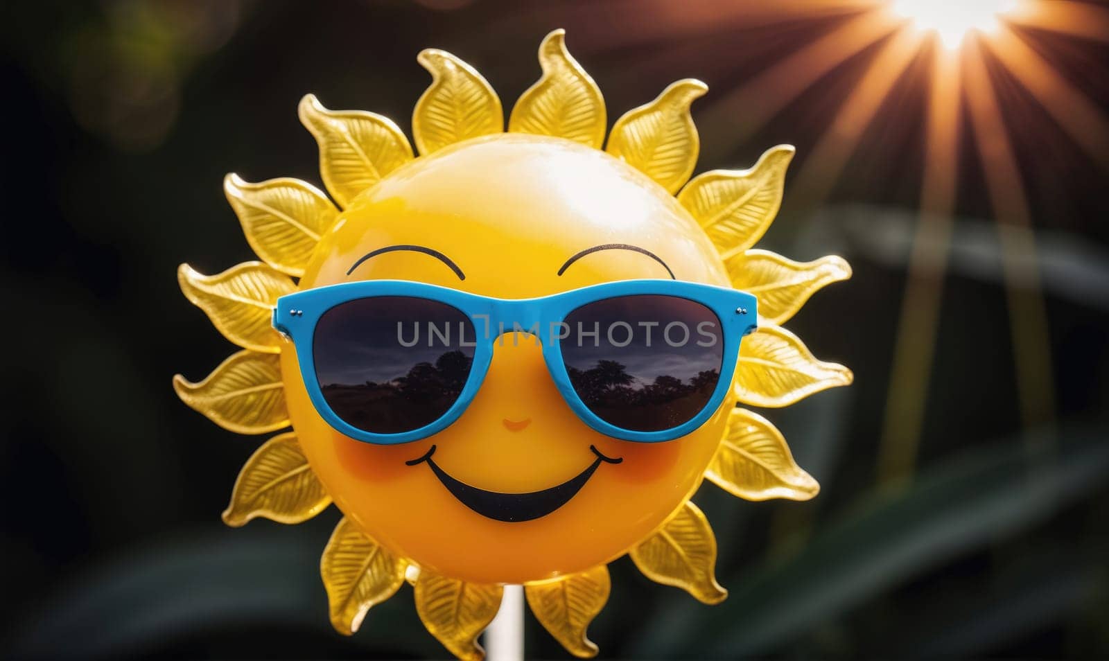 A yellow sun with a smiley face and blue sunglasses is in focus against a dark green background. Sunlight shines through the sun's rays.