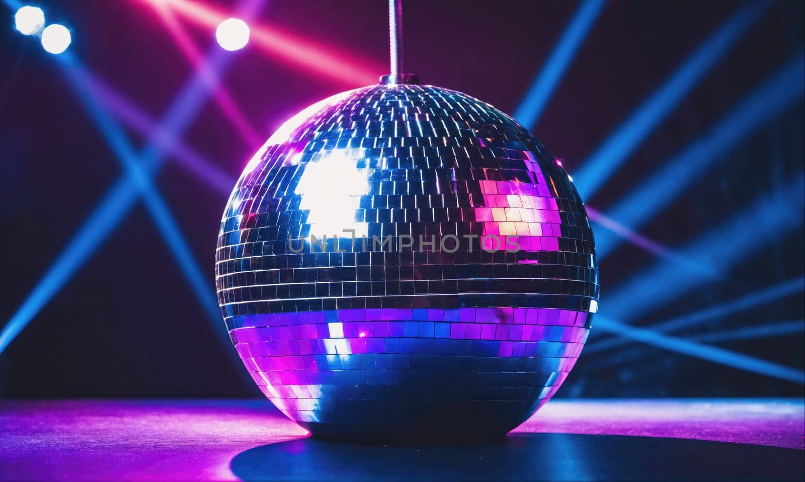 A shiny disco ball, reflecting blue and pink lights, is set up on a dance floor. The ball is positioned on a purple surface with blue and pink spotlights reflecting off of it.