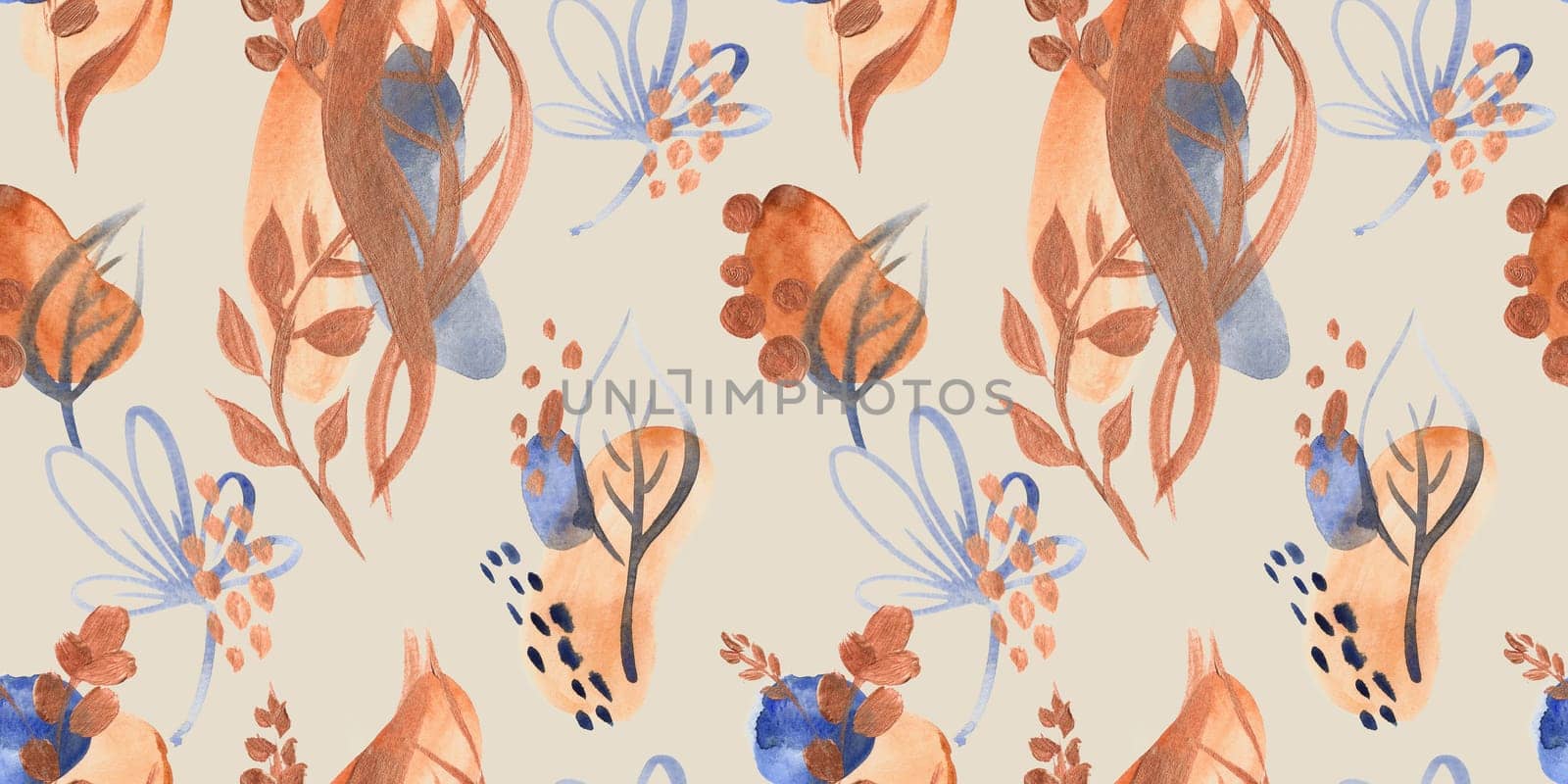 Seamless abstract pattern with gouache painted geometric shapes ovals and dots for textile design and autumn prints
