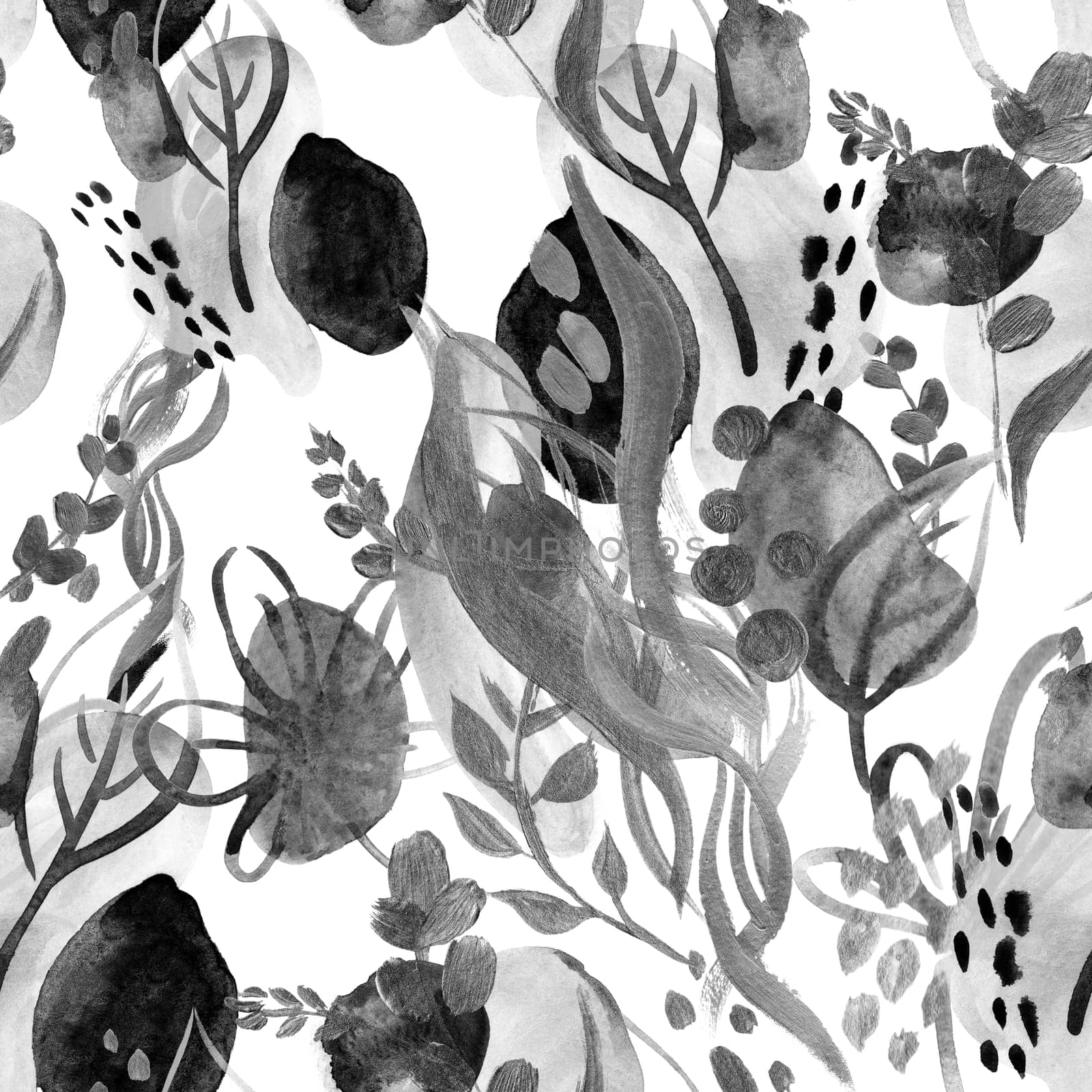 Seamless botanical pattern with gouache painted flowers and leaves flowers for textile design and autumn prints
