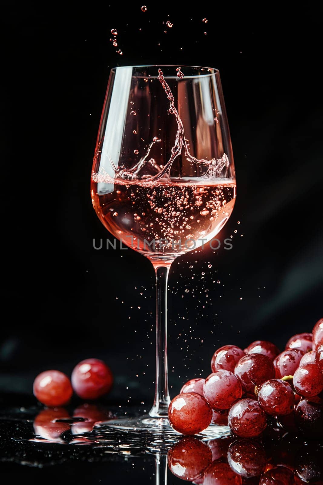 A glass of sparkling rosé wine showcases droplets flying as it makes contact with the liquid. Fresh grapes lay nearby, enhancing the appealing arrangement.