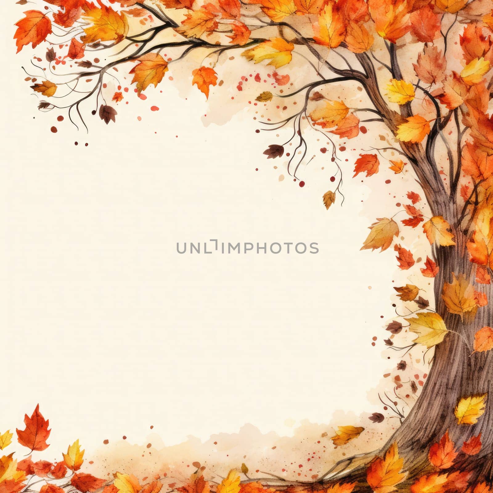 A picturesque autumn setting shows a tree with brilliant orange and red leaves, as colorful foliage swirls gently around its base, capturing the beauty of the fall season.