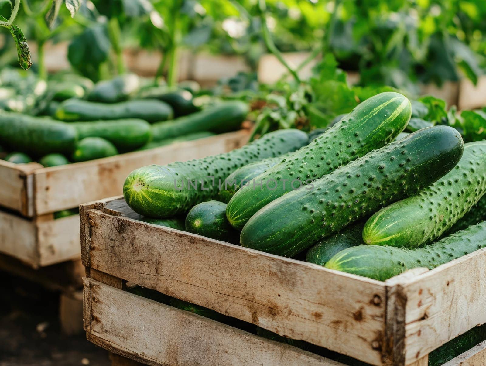 This vibrant market showcases freshly harvested cucumbers stacked in wooden crates, surrounded by lush green plants, highlighting the abundance of summer produce.