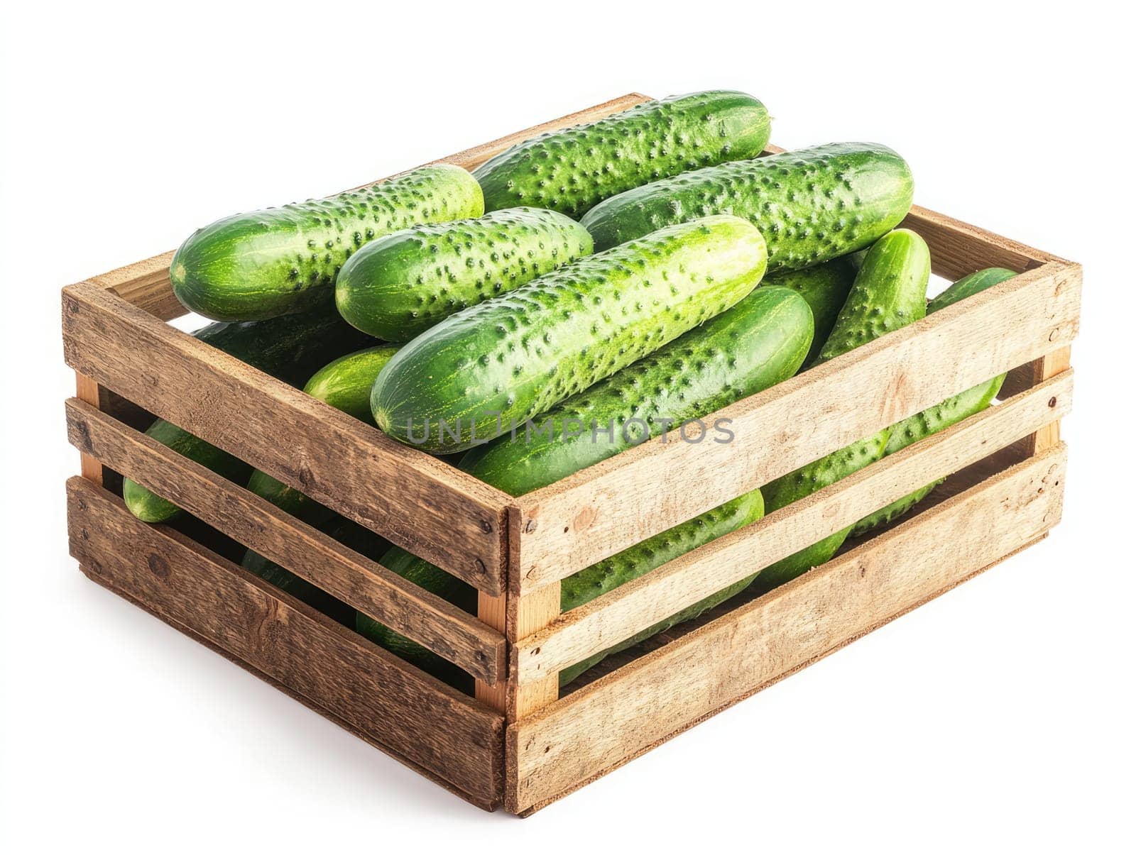 A wooden crate holds a bountiful harvest of vibrant green cucumbers, showcasing their fresh appearance and subtle textures, highlighting farm-fresh produce.