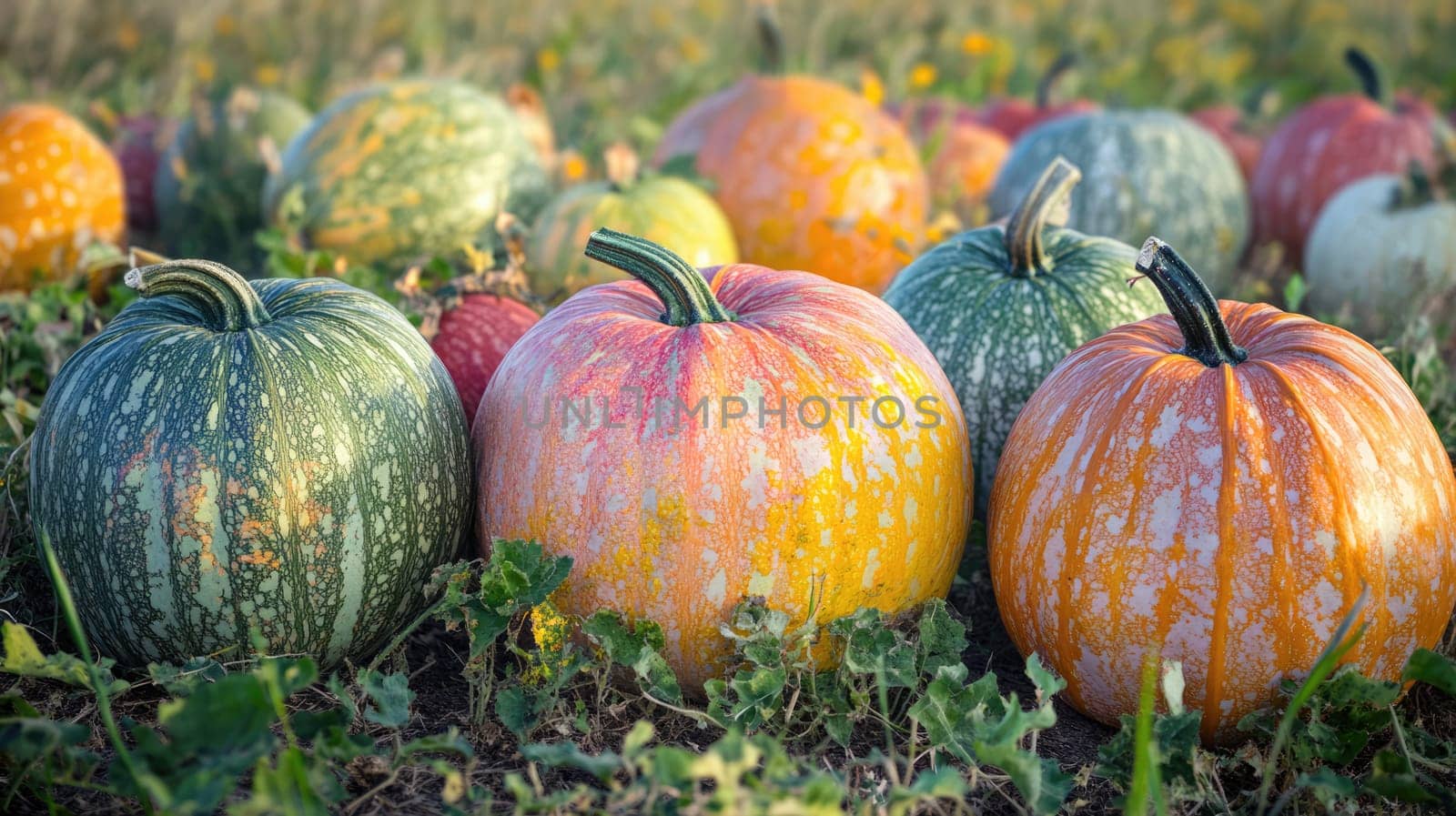 A variety of pumpkins in shades of orange, green, and yellow dot the ground in a lively field. The scene captures the essence of the autumn harvest, highlighting nature's bounty.