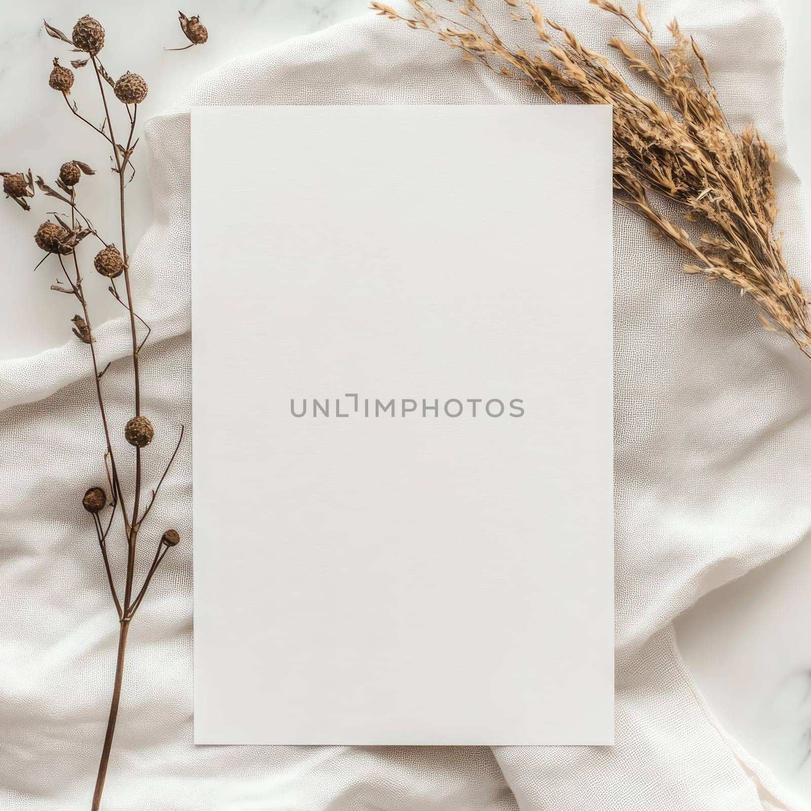 A piece of blank paper lies on a textured fabric backdrop surrounded by delicate dried flowers, creating an inviting space for writing or artistic projects.