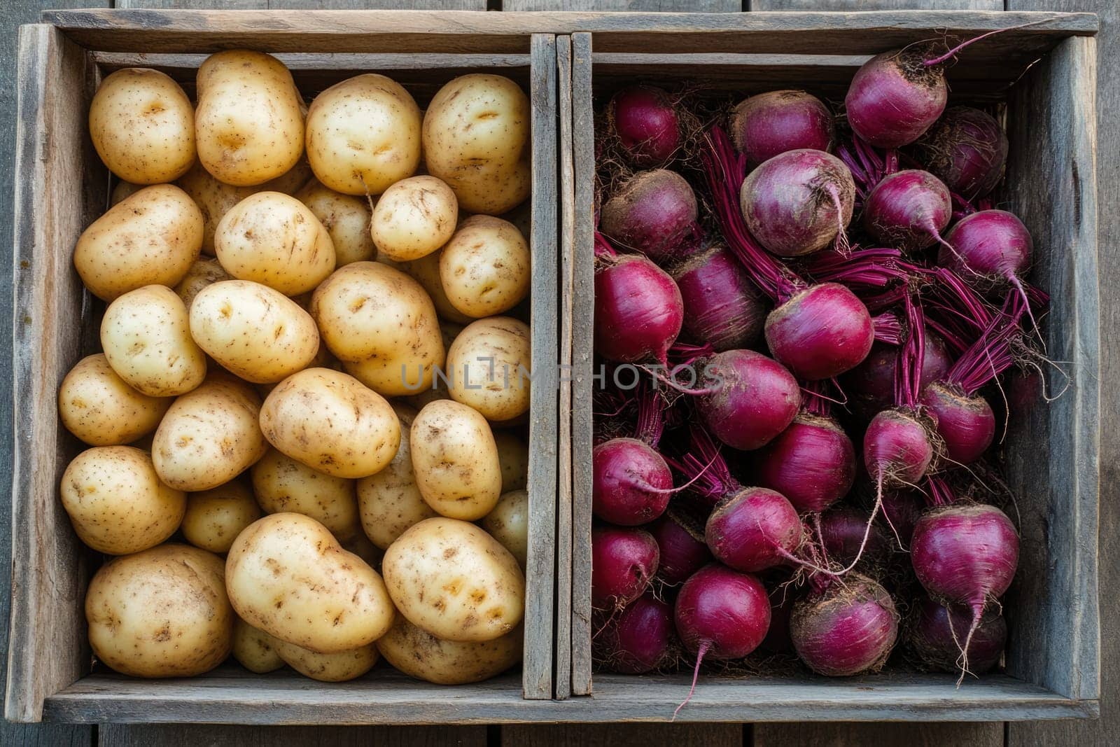 The image shows wooden crates filled with freshly harvested yellow potatoes and deep red beets, showcasing seasonal produce in a rustic setting, emphasizing the bounty of autumn.