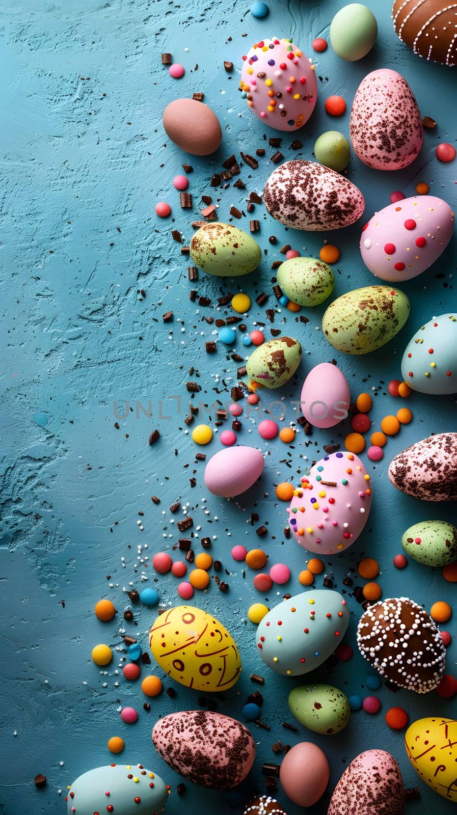 The table is adorned with a variety of Easter eggs in different colors and patterns. From electric blue circles to intricate designs, each egg is a work of art in macro photography closeup