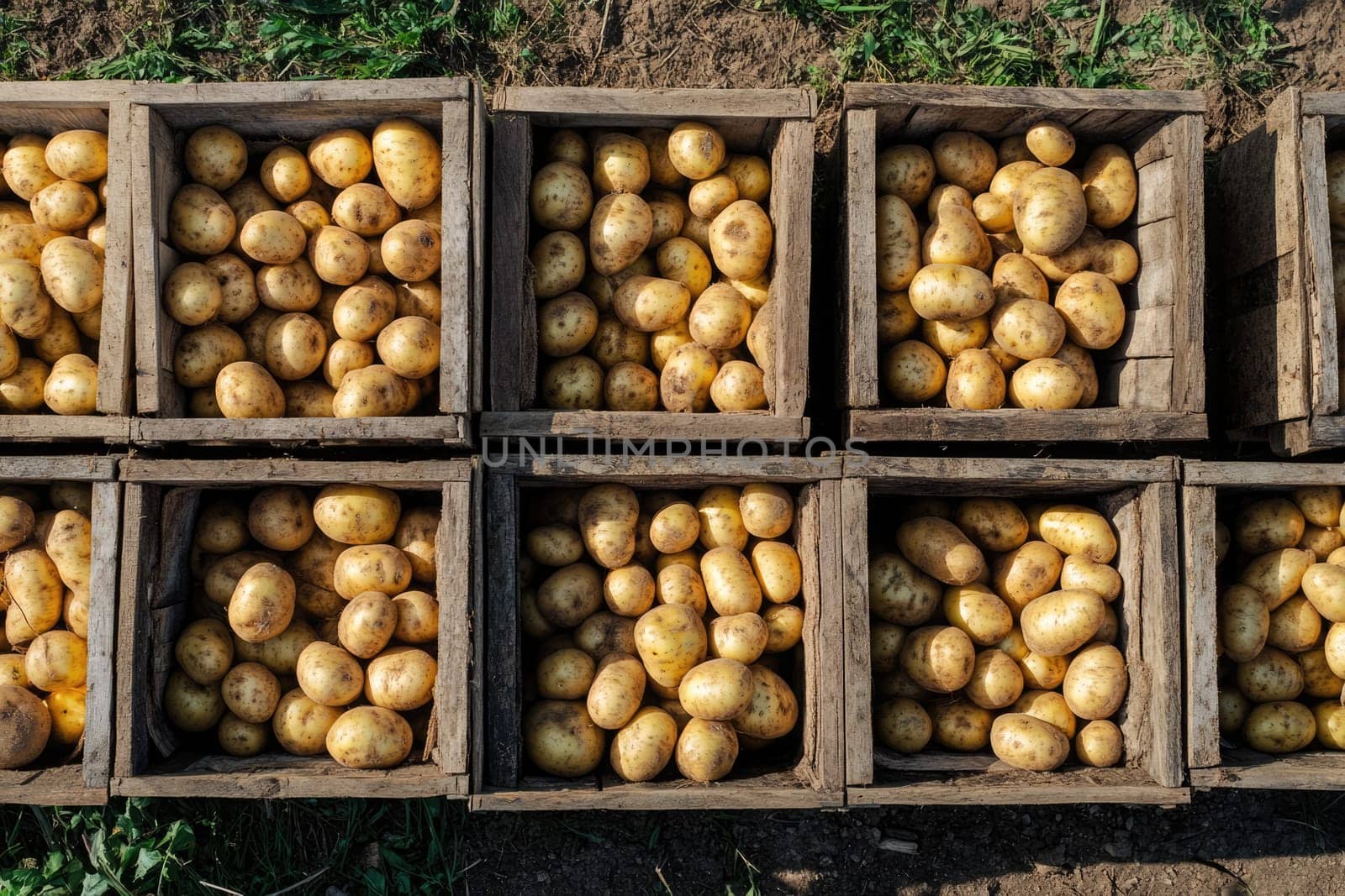 Wooden crates filled with freshly harvested potatoes are arranged neatly on a farm, showcasing the bountiful produce ready for sale and distribution.