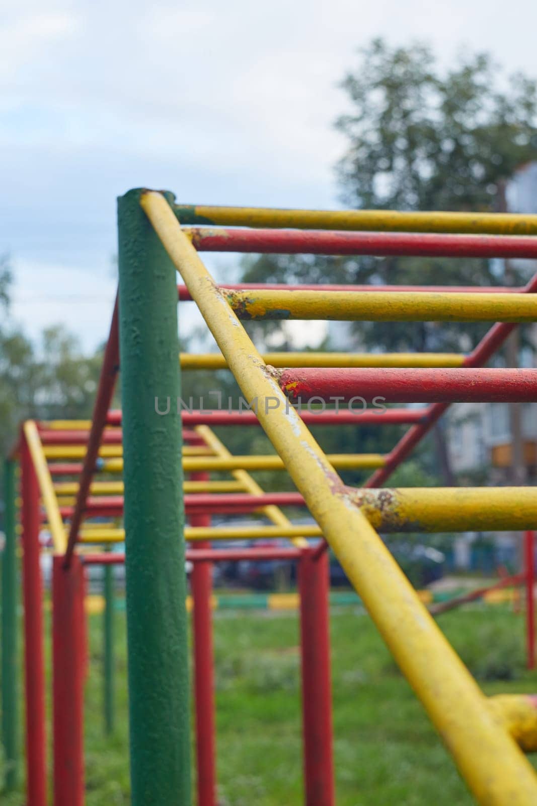 Free gym with outdoor exercise equipment. Sports ground. Outdoor exercise equipment in a public park. Healthy lifestyle