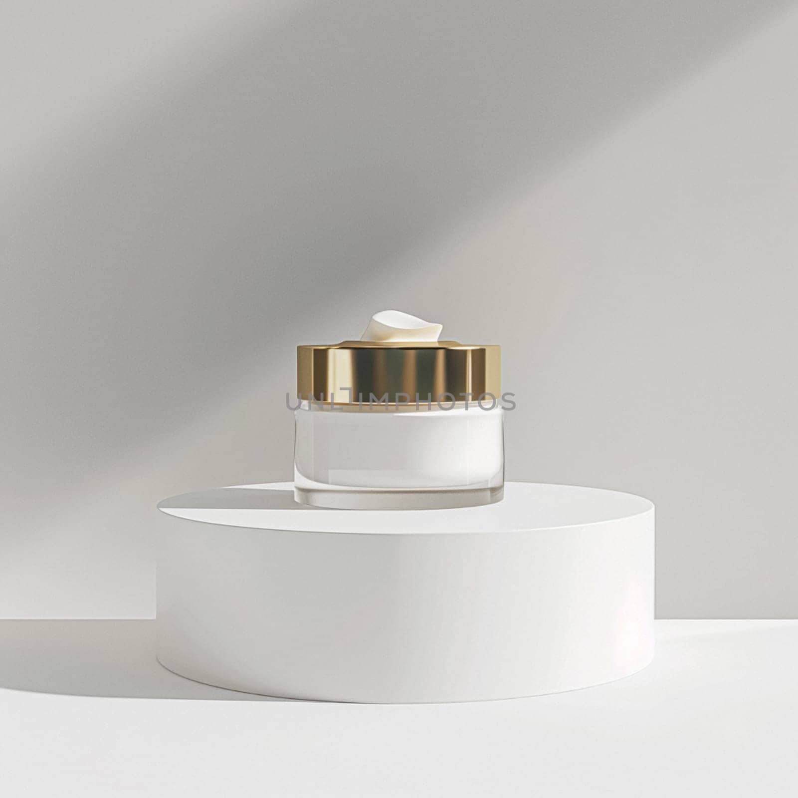 Face cream in a glass jar on a white and gold background. Skin care concept. Backdrop for beauty cosmetic products