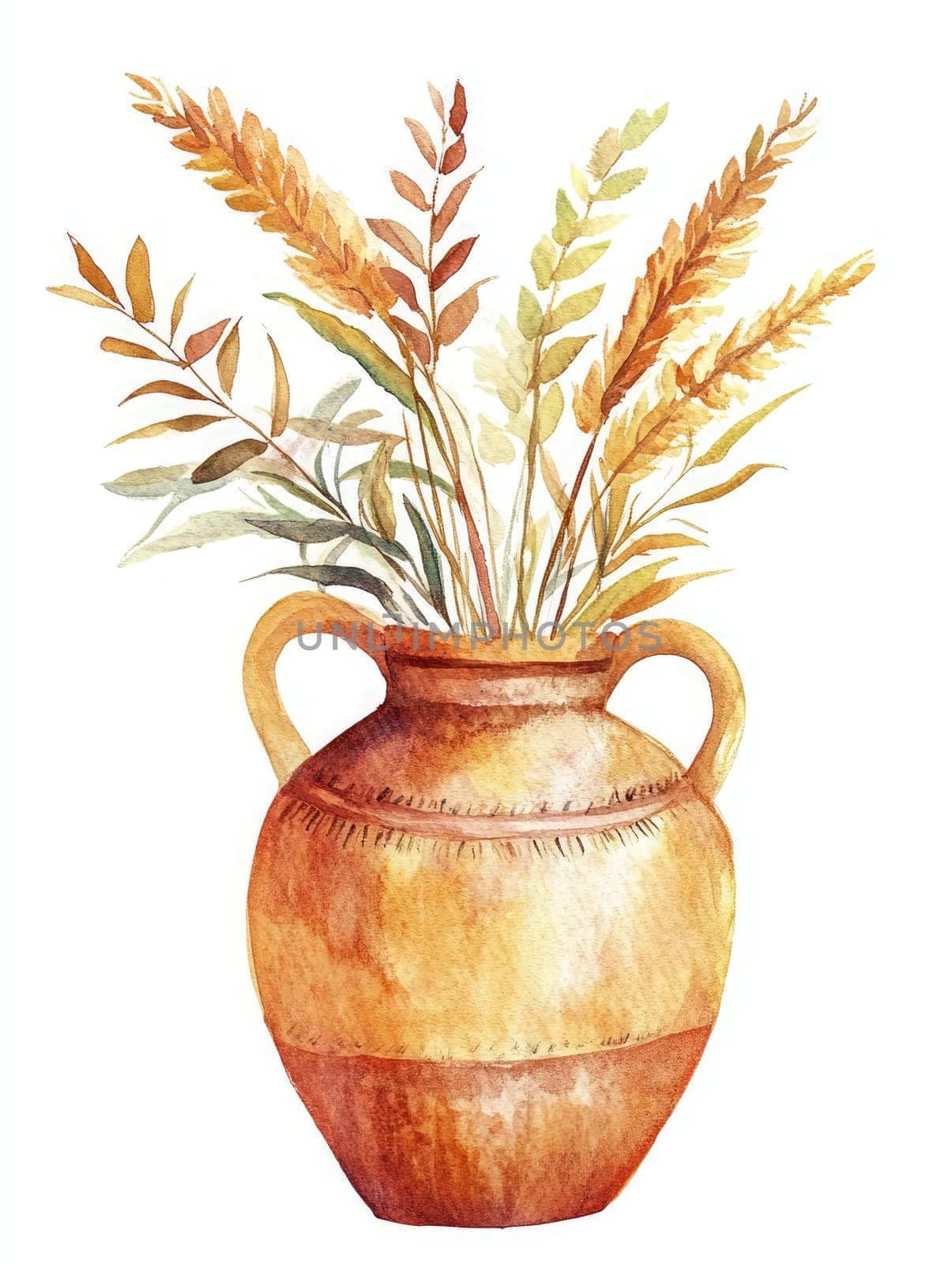 The warm-toned clay vase features a delightful arrangement of dried grasses and fresh greenery, adding a touch of nature to any setting, perfect for rustic decor.