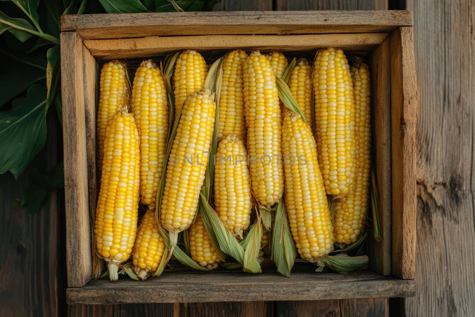 A wooden crate filled with fresh sweet corn, displaying bright yellow kernels nestled within their green husks. The natural wood backdrop adds rustic charm.