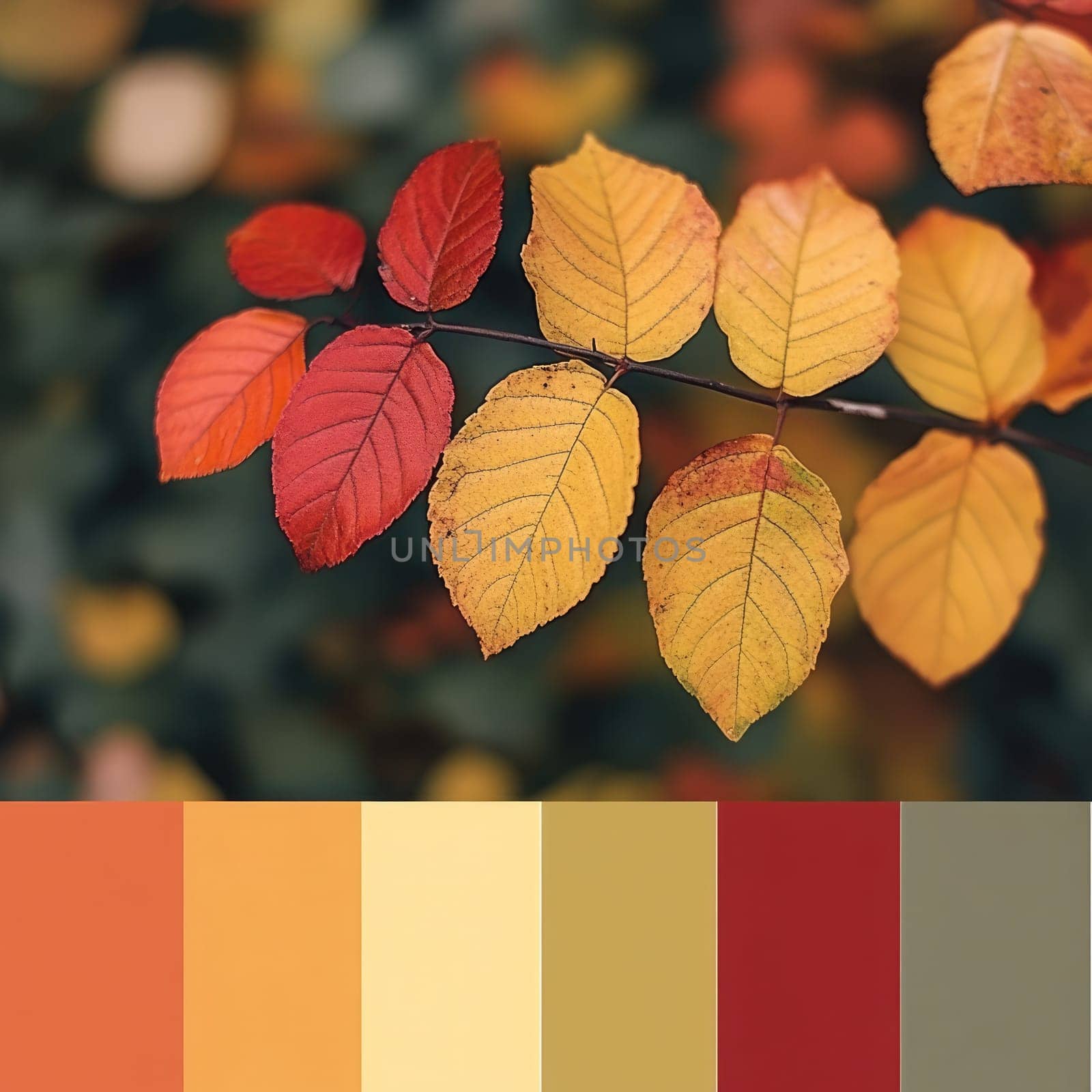 A branch adorned with colorful autumn leaves displays shades of orange, yellow, and red, capturing the essence of fall in a serene natural environment.