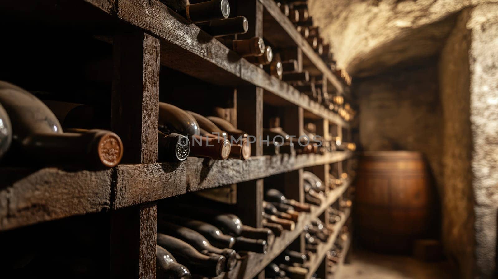 Rows of wooden racks display an impressive collection of wine bottles in a softly lit cellar, creating a refined and inviting atmosphere for wine enthusiasts to explore.
