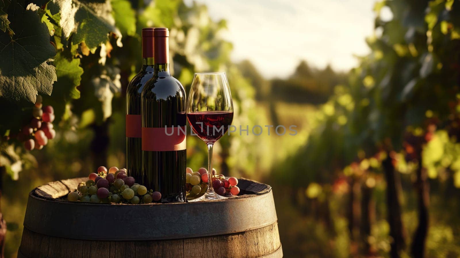 A bottle of rich red wine and a glass sit elegantly on a wooden barrel in a lush vineyard at sunset, with vibrant grapes scattered around, creating a serene atmosphere.