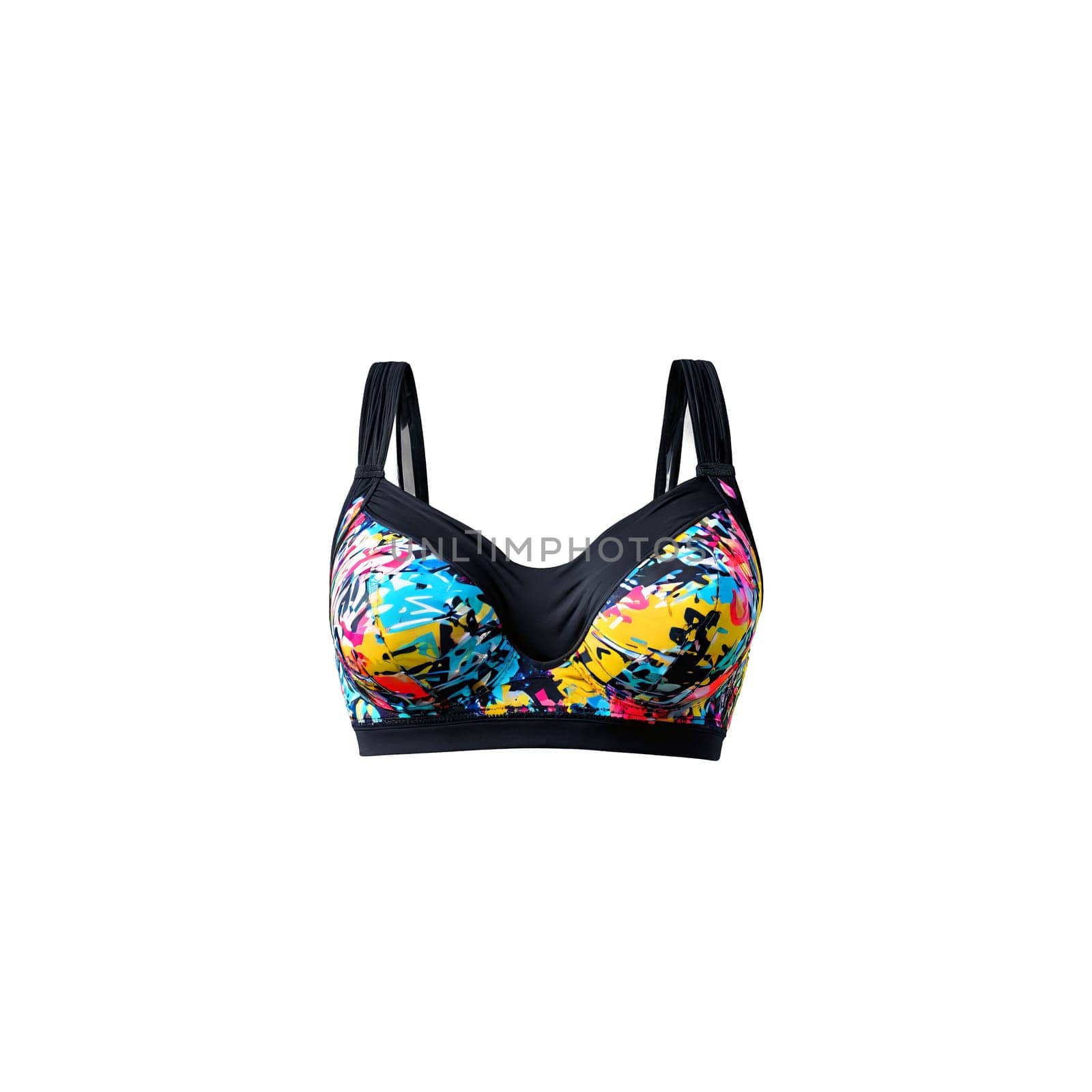 Sporty graffiti print bra tagging dynamically bold street art colors urban athleticism. Woman lingerie isolated on transparent background.