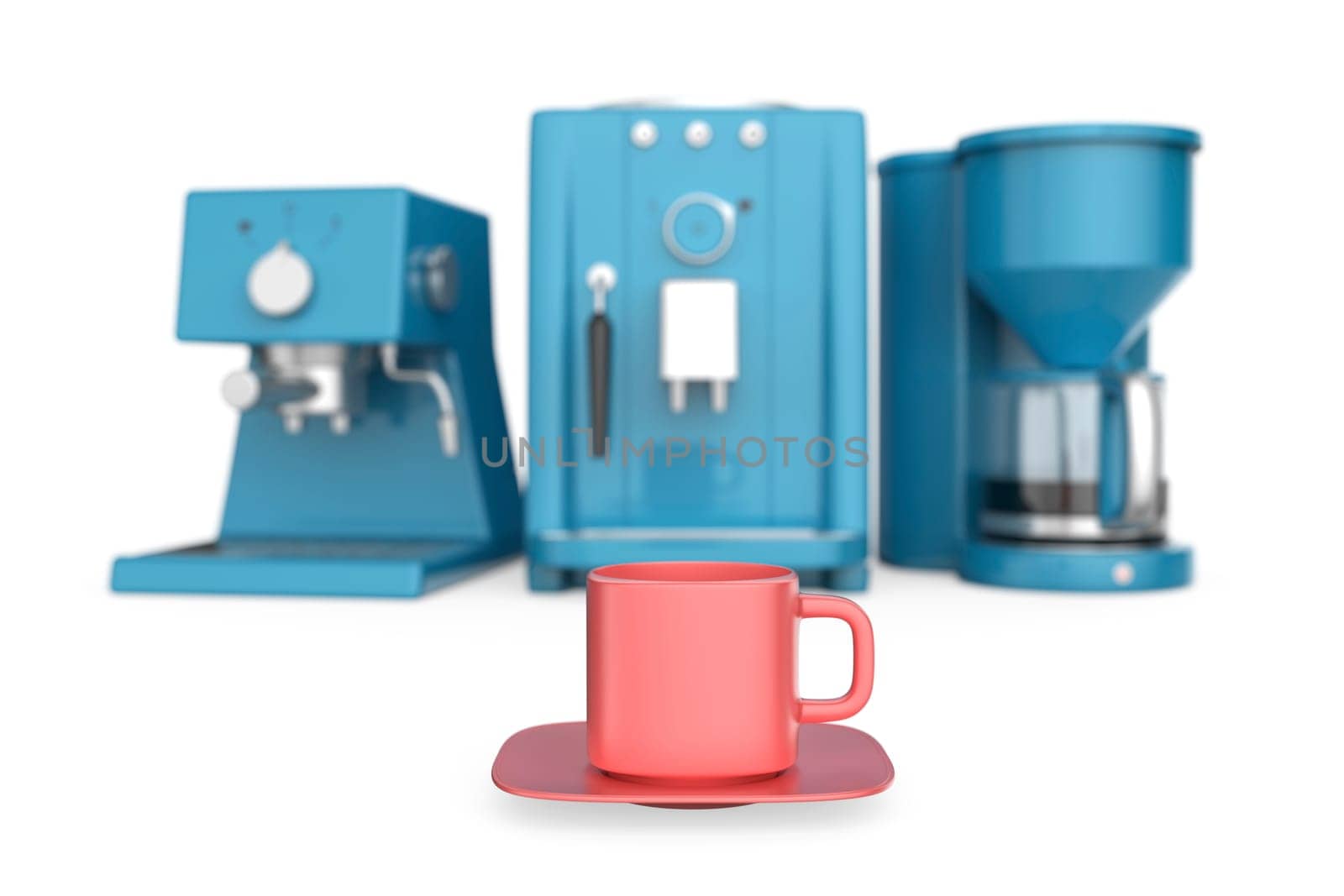 Coffee cup in front of three different filter and espresso coffee makers