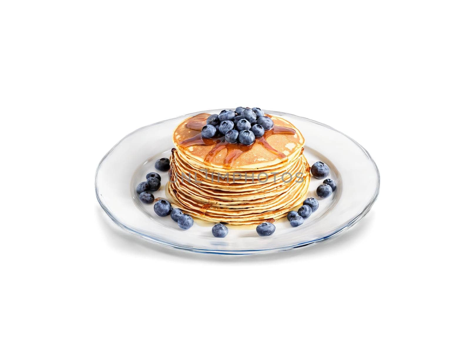 Pancakes whole wheat with blueberries and a side of sausage on a transparent glass plate. Food isolated on transparent background.