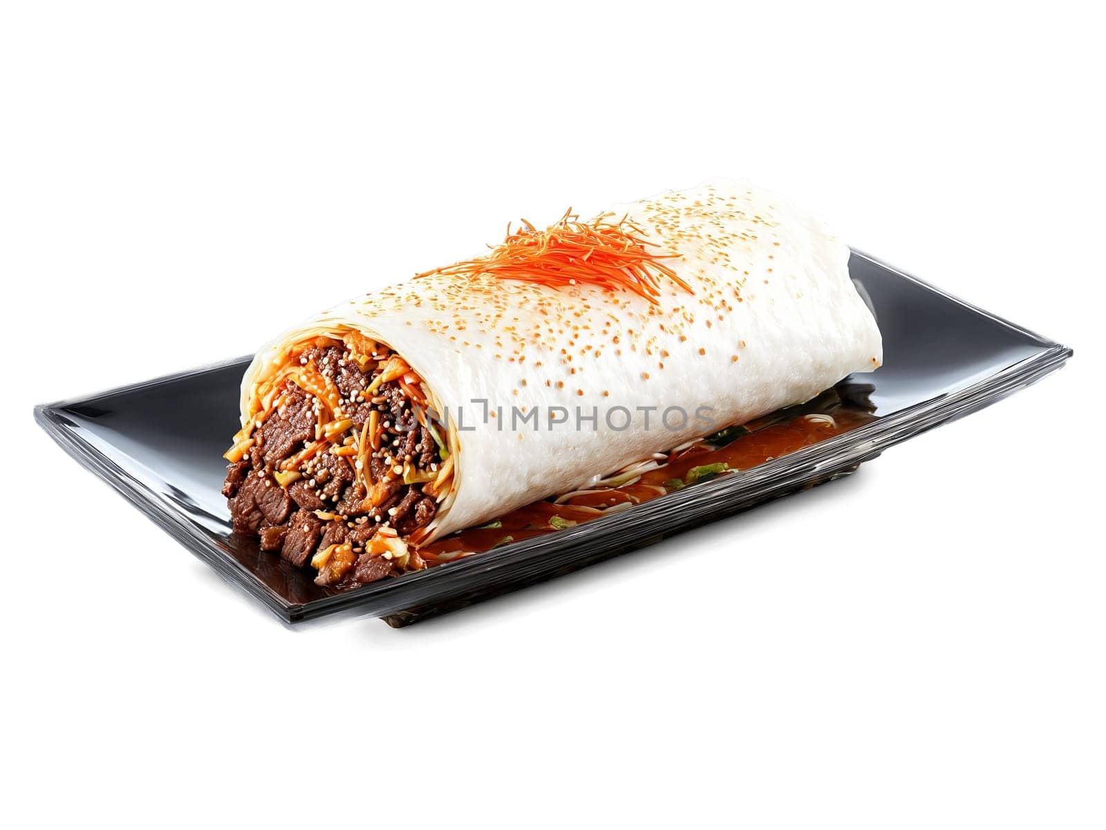 Korean BBQ Beef Burrito with kimchi and sesame seeds served on a transparent glass dish. Food isolated on transparent background.