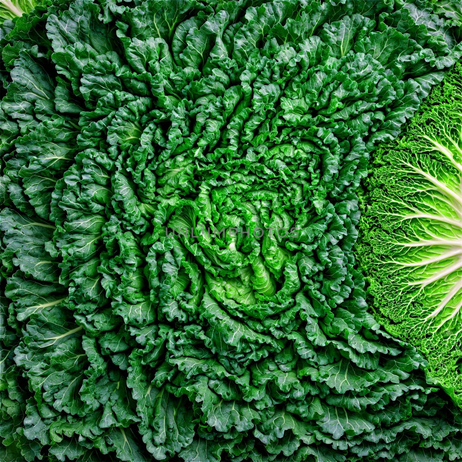 Cabbage Leaf Mandala crisp green cabbage leaves arranged in a mesmerizing spiral edges delicately fluttering. Food isolated on transparent background.
