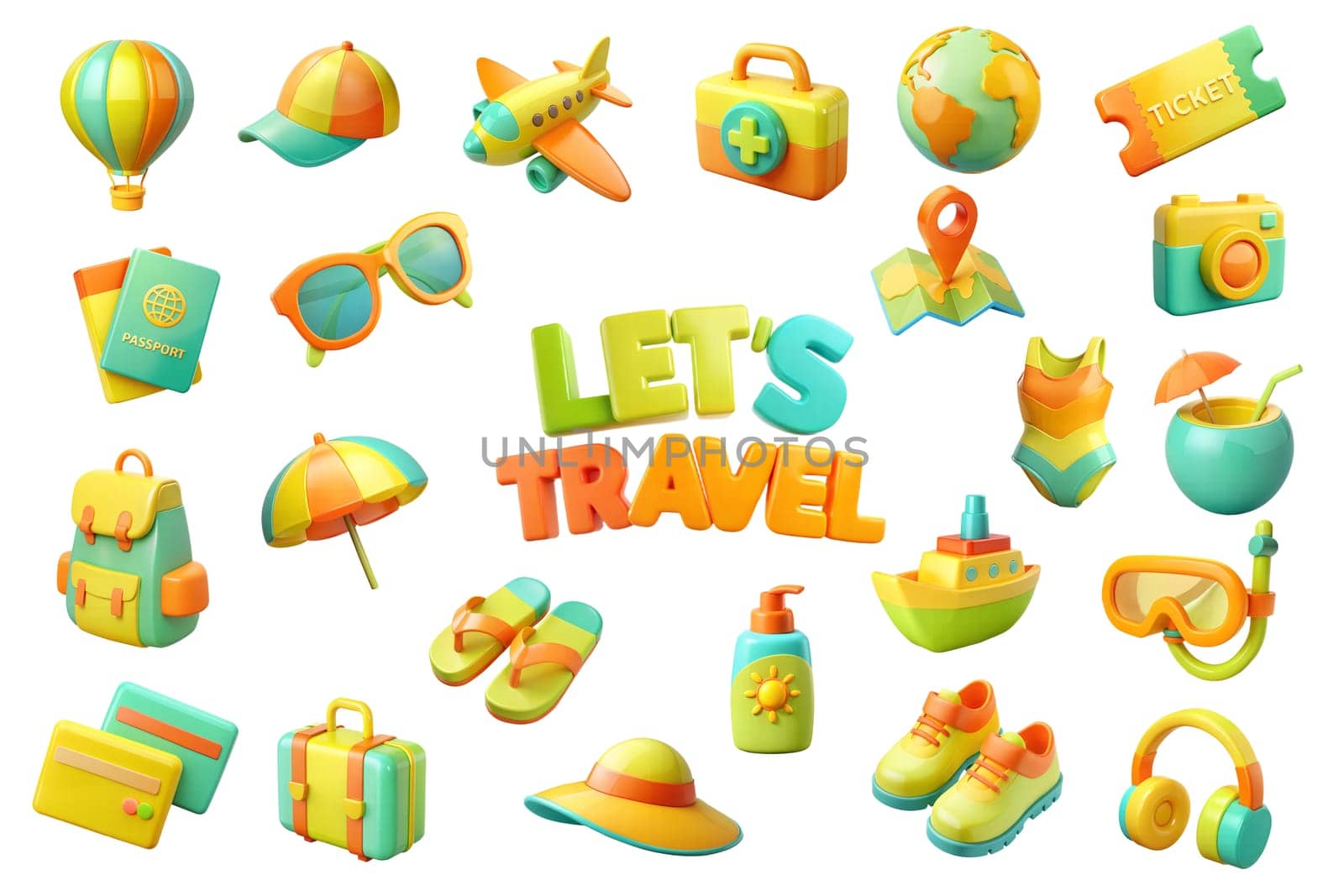 Collection of adventure tourism, travel abroad, summer vacation trip, hiking and backpacking decorative design elements isolated on white background. 3D plastic colorful illustration. Ai generated image