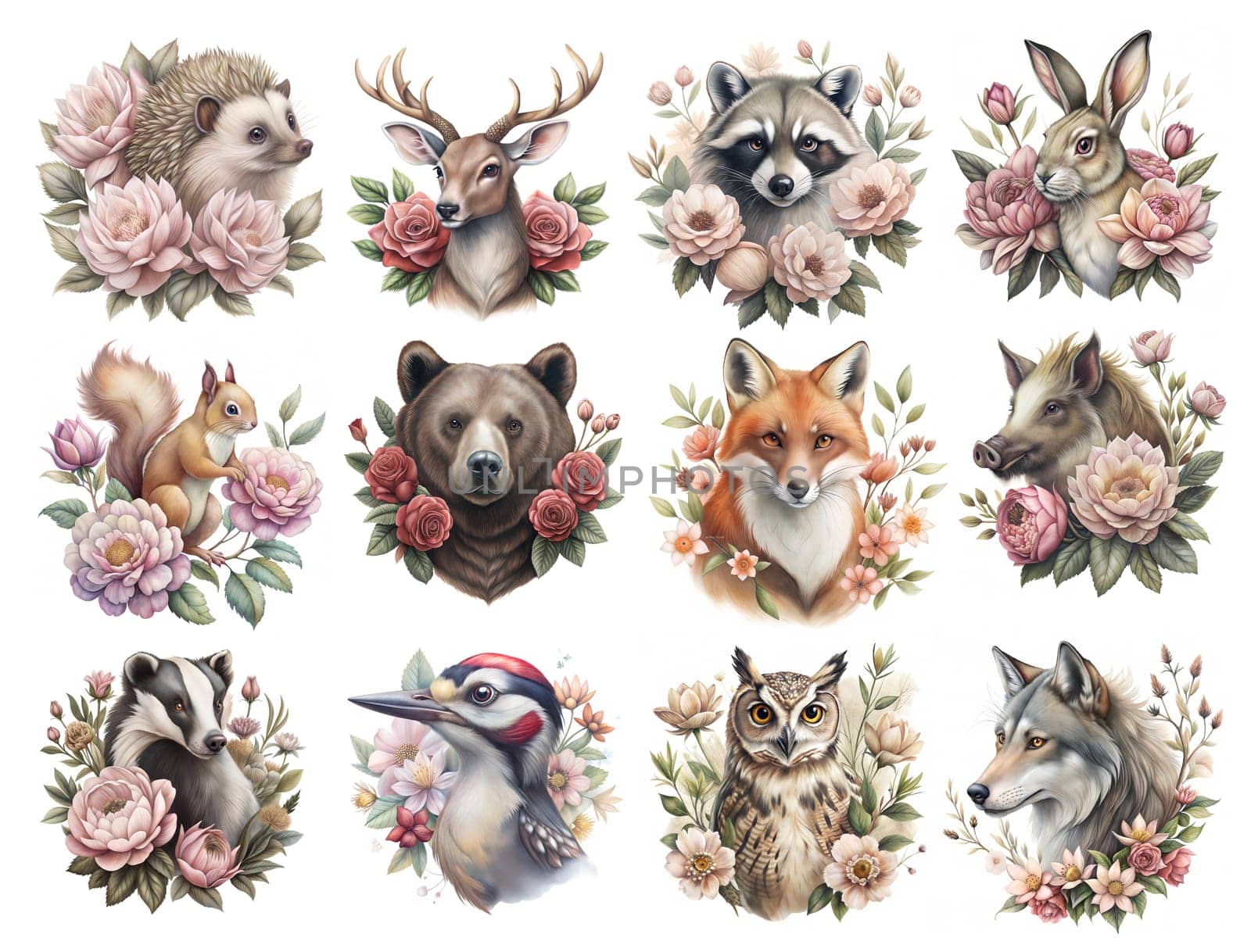 Wild forest animals set. Bear, squirrel, deer, hare, fox, owl, wolf, hedgehog, raccoon, boar, badger, woodpecker with flowers. Watercolor animals isolated on white background. Stickers set. Ai generated image